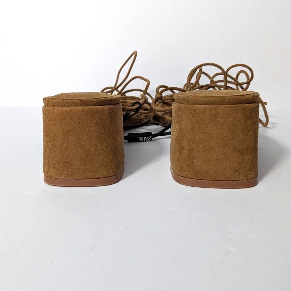 ZARA Lace Up Block Heel Sandals Brown Faux Suede Square Toe Strappy Sz 41 / 10.5 - Picture 8 of 14